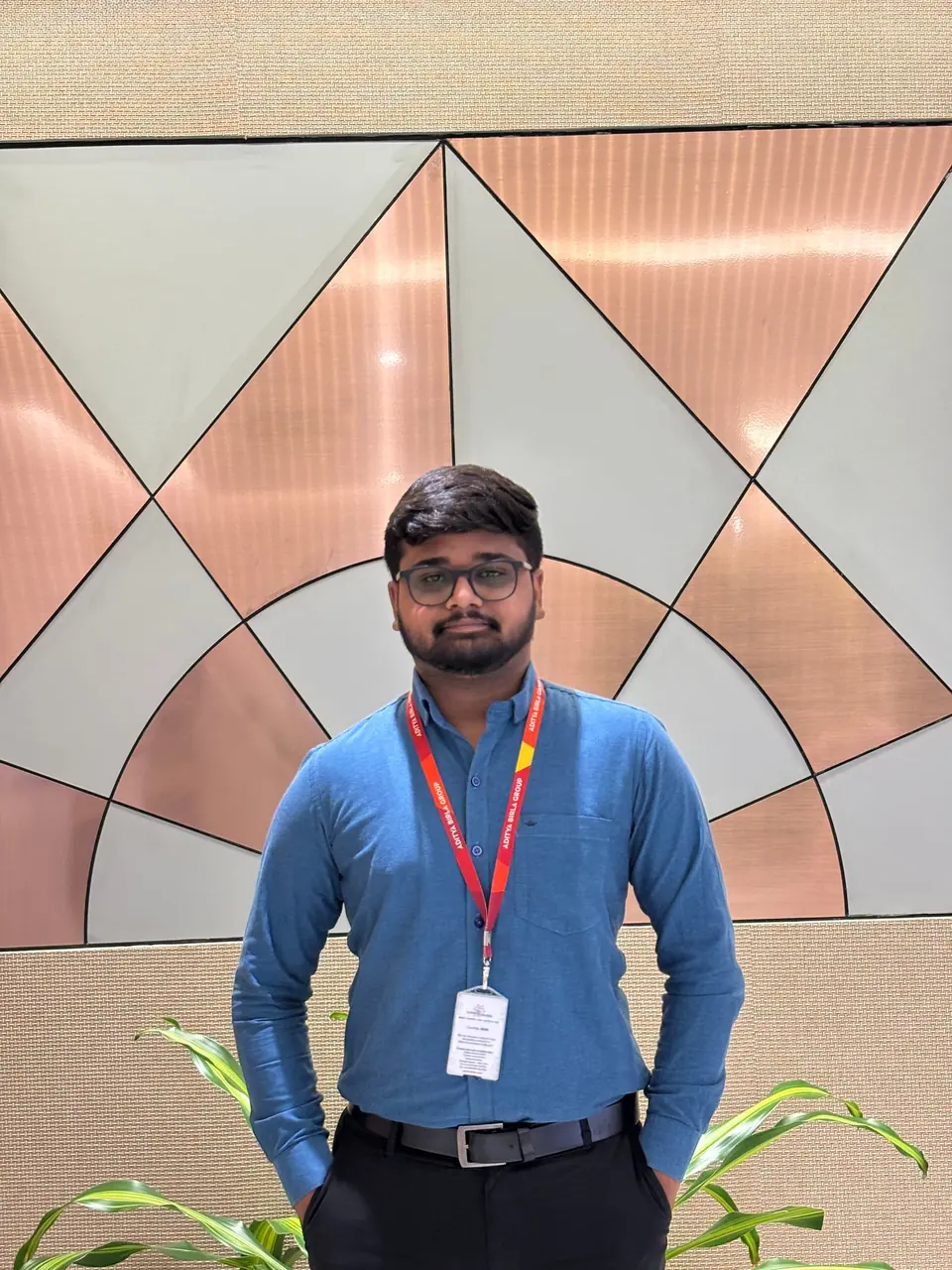 Anshul wearing an ID badge in a Hindalco office