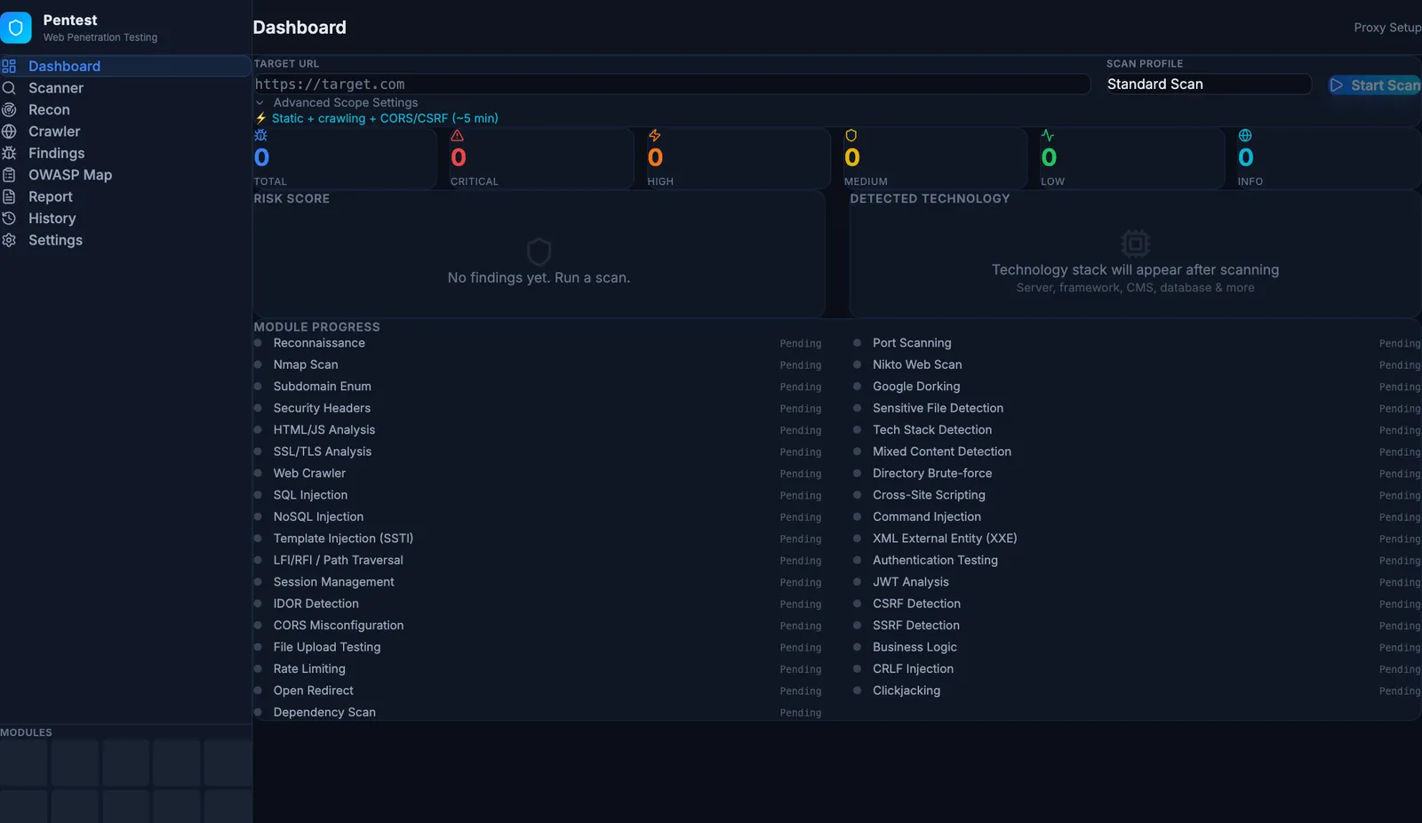 Pentest Suite dashboard with scan profile, severity counters and module progress list